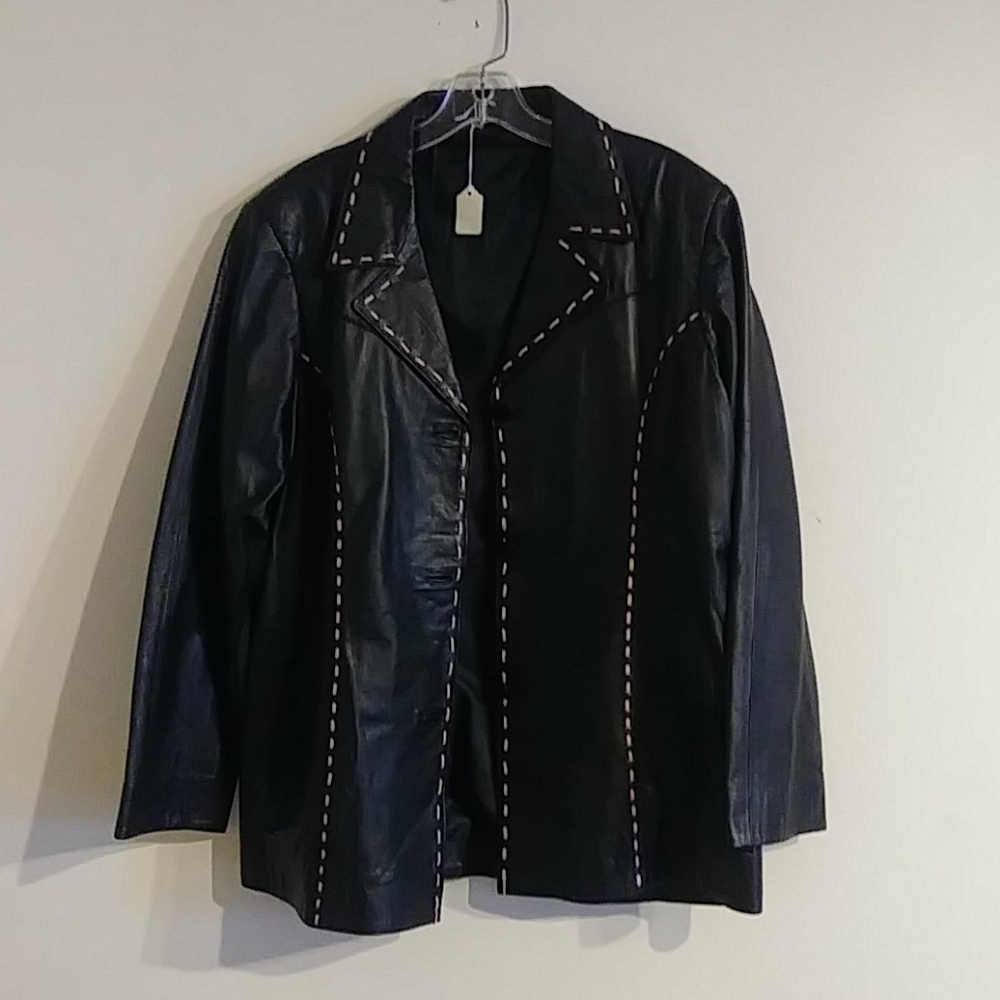 Woman's Black Leather Jacket/Pink Trim